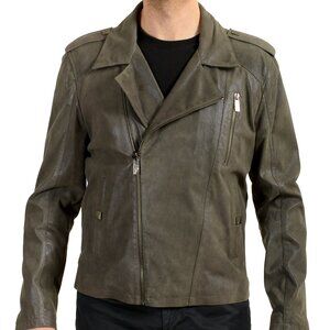 Versace Collection Men's 100% Leather Gray Full Zip Bomber Jacket US XL IT 54